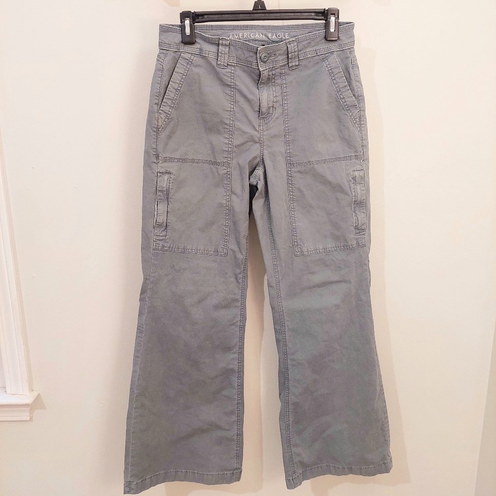 American Eagle Gray Cargo Pants Wide Leg Y2K Utility Size 2 Baggy Low Rise Flare
